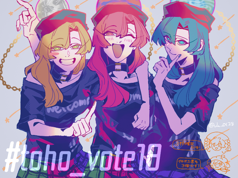 5girls, :3, arm_up, bangs, bare_shoulders, black_choker, black_headwear, black_shirt