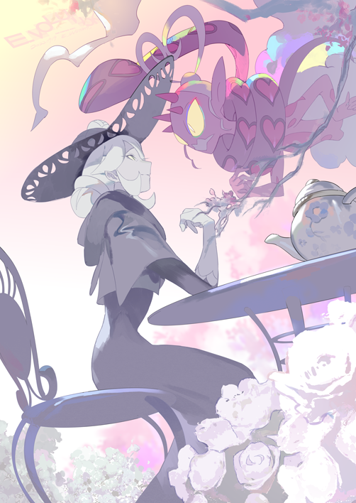 1girl, artist_name, black_dress, black_headwear, chair, closed_mouth, cogita_(pokemon), dress, e_volution, enamorus, enamorus_(incarnate), floral_print, flower, from_below, gloves, grey_eyes, grey_hair, hand_up, hat, hat_flower, looking_up, pokemon, pokemon_(creature), pokemon_(game), pokemon_legends:_arceus, sitting, table, teapot, white_flower