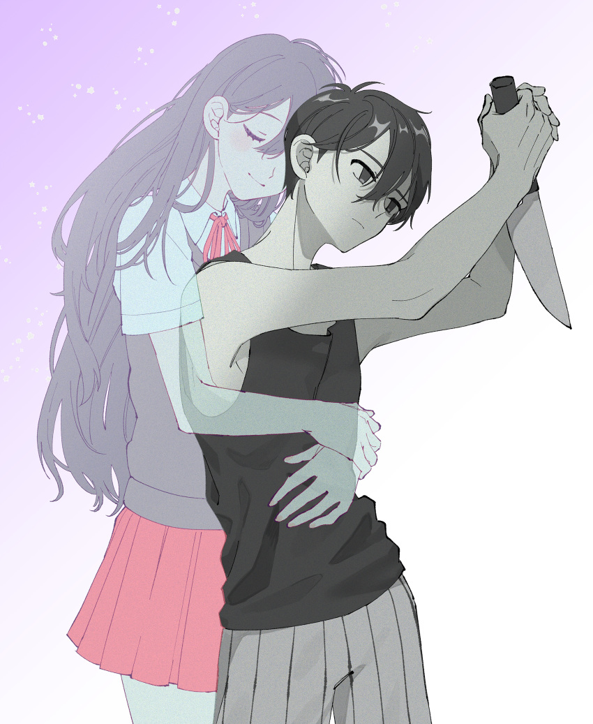 1boy, 1girl, absurdres, bangs, black_eyes, black_hair, black_shirt, black_sweater_vest