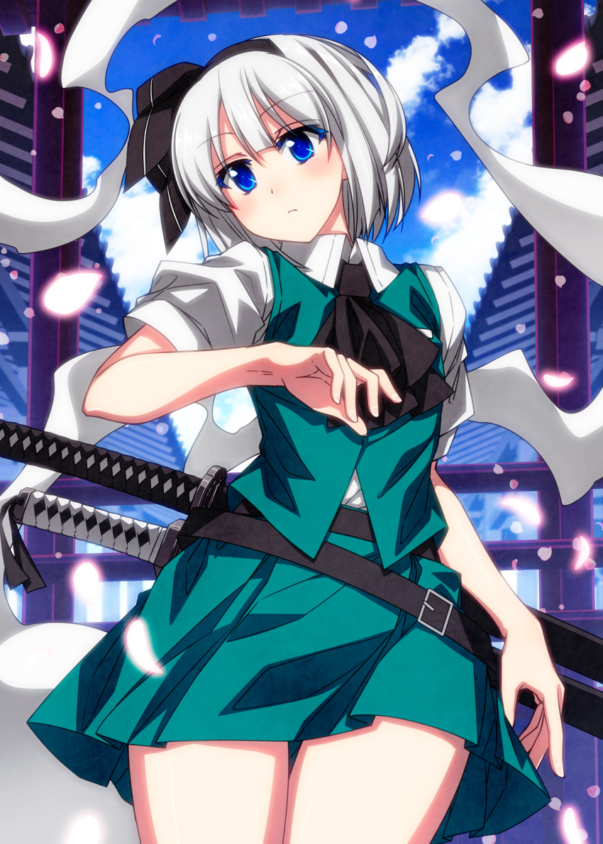 1girl, ascot, belt, black_ascot, black_belt, black_hairband, blue_eyes, blush