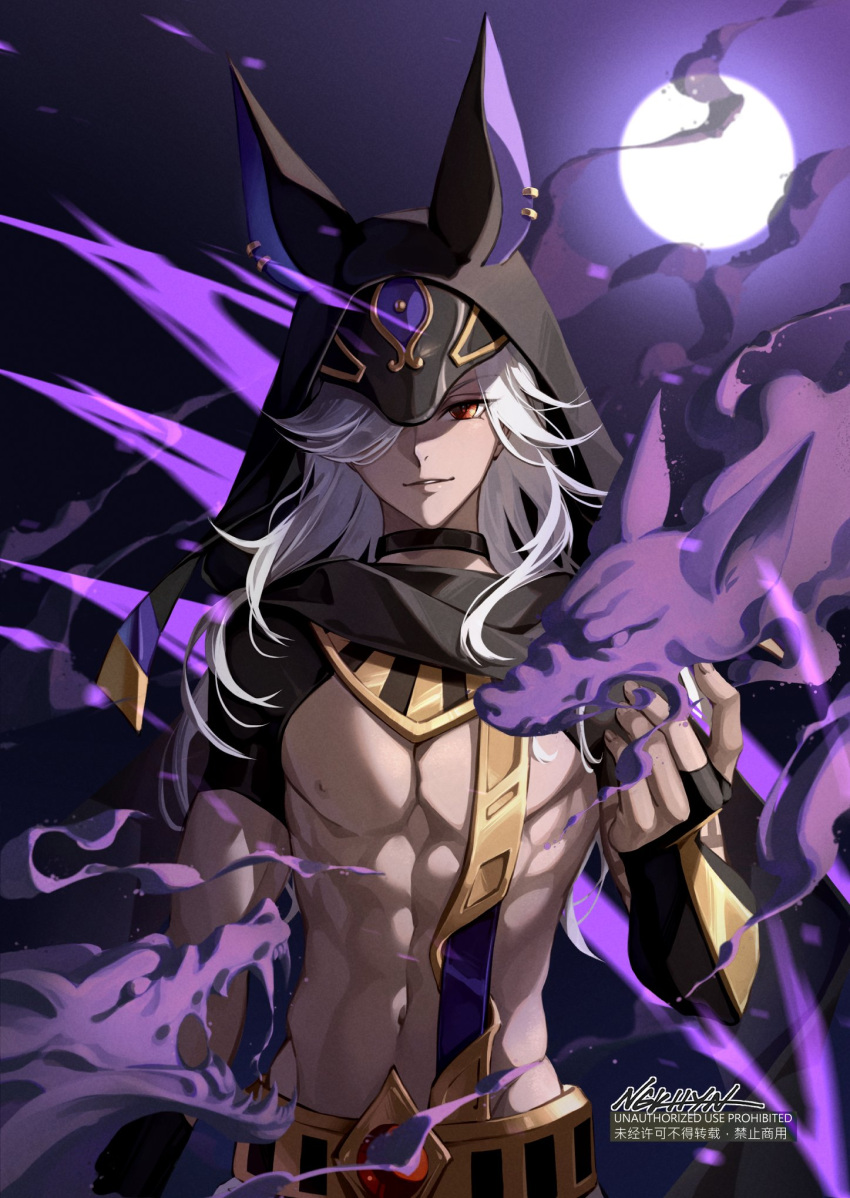 1boy, abs, animal_ears, animal_hat, arabian_clothes, arm_at_side, artist_name, bangs