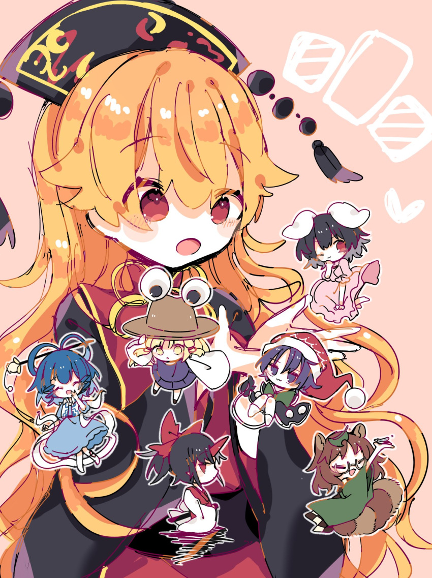 6+girls, alcohol, alternate_eye_color, animal_ears, arm_up, back_bow, bangs, barefoot