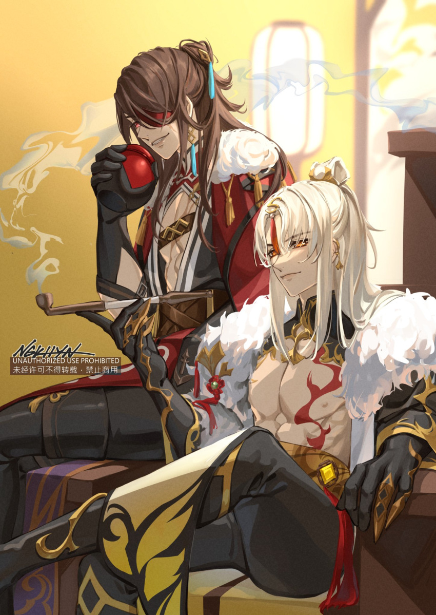 2boys, alcohol, bangs, beidou_(genshin_impact), black_gloves, black_pants, brown_hair, cape