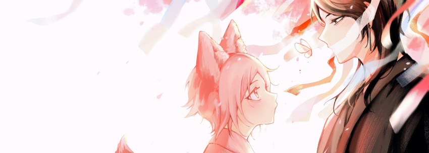 2boys, animal_ears, blue_eyes, brown_hair, fox_ears, highres, juya15976333, looking_at_another, male_focus, multiple_boys, mysta_rias, nijisanji, short_hair, shu_yamino, virtual_youtuber