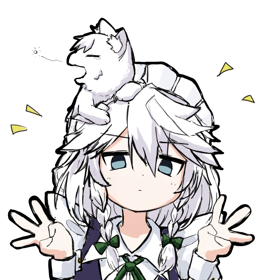 1girl, animal, animal_on_head, blue_eyes, braid, cat, dog, double_w