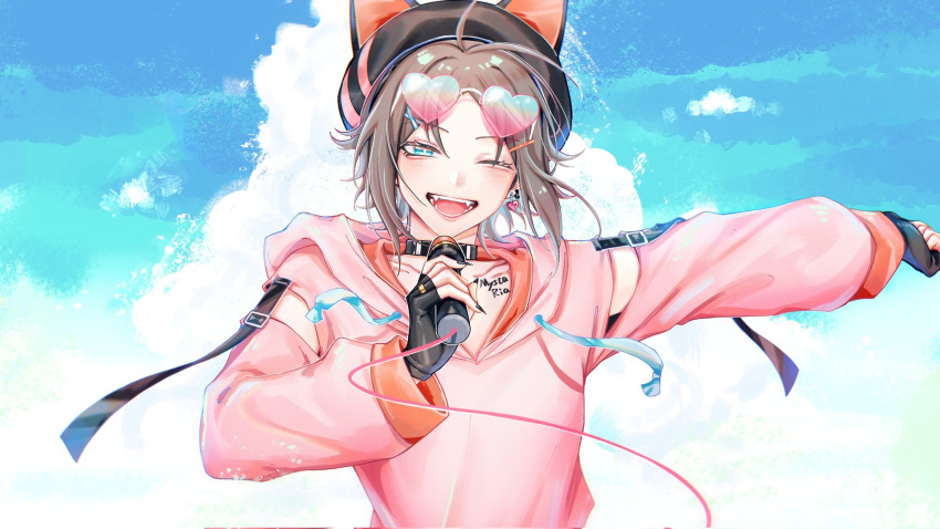 1boy, animal_ear_headwear, bangs, bishounen, black_headband, blue_eyes, brown_hair, collared_shirt, fox_hat, glasses, headband, highres, juya15976333, male_focus, mysta_rias, nijisanji, nijisanji_en, orange_eyewear, round_eyewear, shirt, short_hair, solo, virtual_youtuber