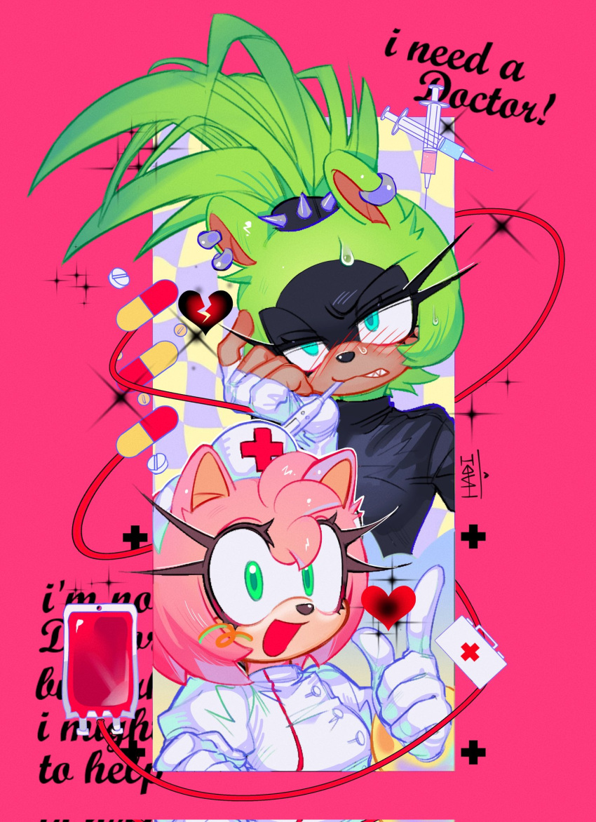 2girls, 3mia_hadi3, amy_rose, annoyed, aqua_eyes, black_shirt, blood, blood_bag