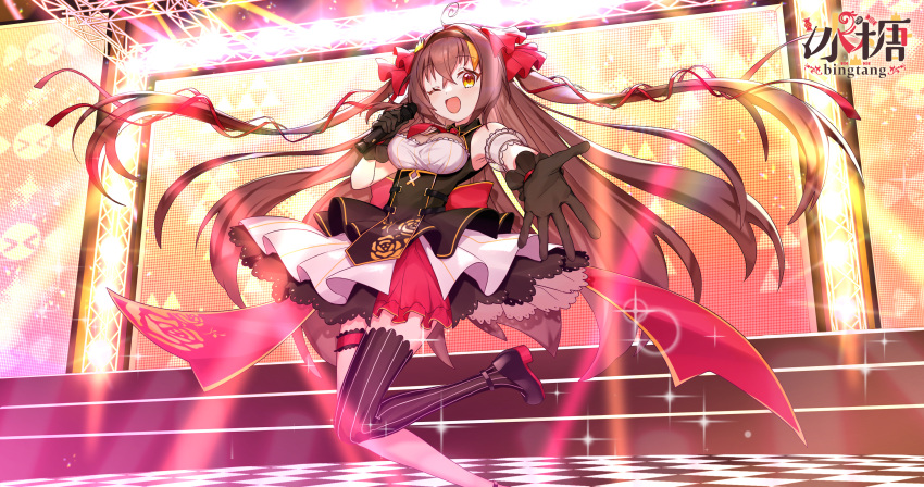 1girl, ;d, absurdres, ahoge, anklet, bare_shoulders, bingtang, black_dress