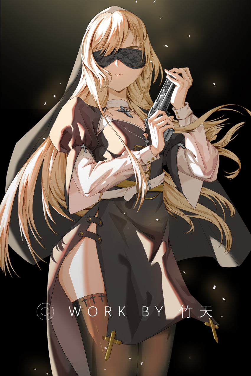 1girl, absurdres, blindfold, cross, gun, habit, highres, holding