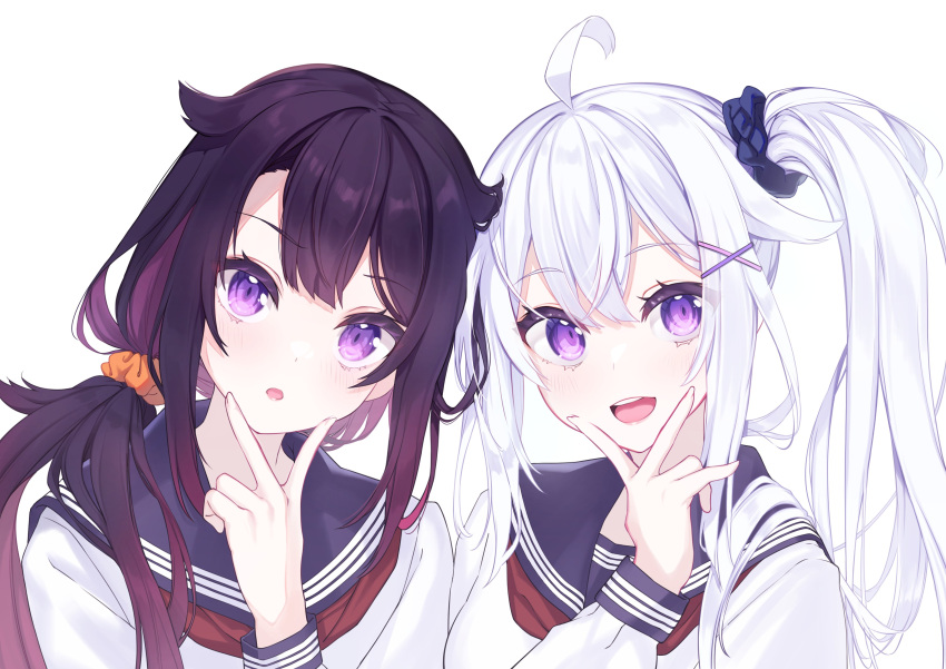 2girls, absurdres, ahoge, bangs, brown_hair, hair_ornament, hair_scrunchie, hand_up