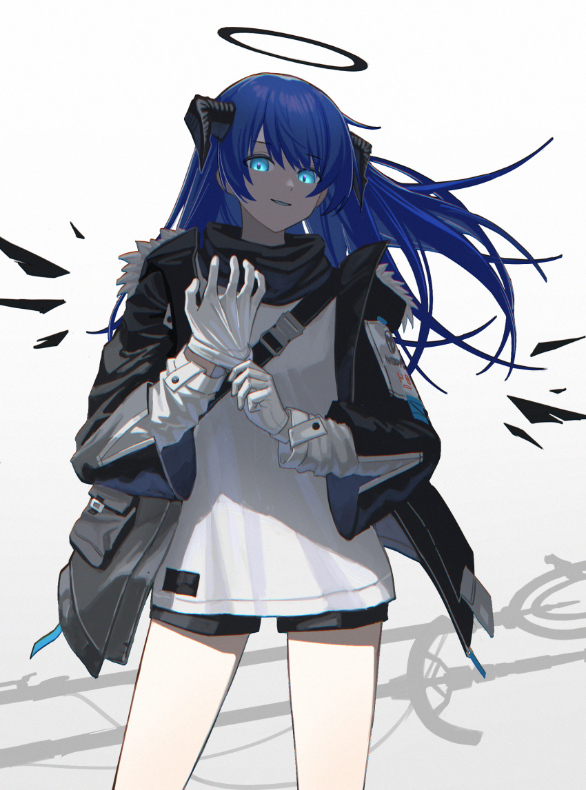 1girl, adjusting_clothes, adjusting_gloves, arknights, bangs, black_jacket, black_scarf, black_shorts