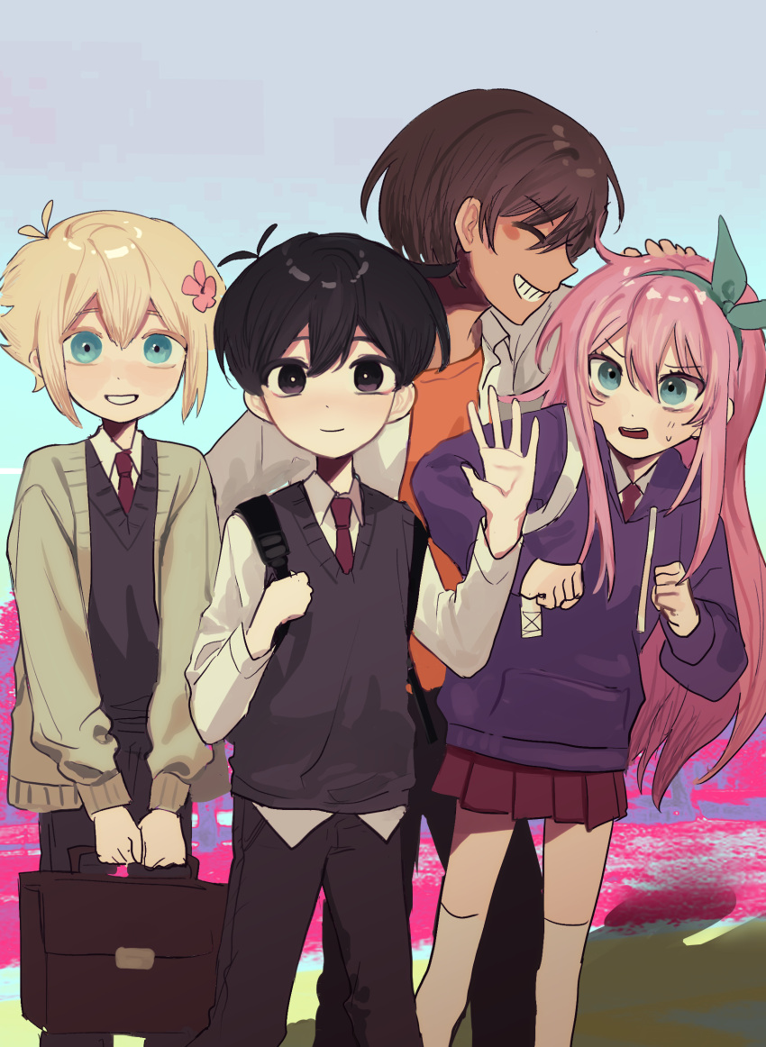 1girl, 3boys, absurdres, alternate_costume, aubrey_(omori), basil_(omori), black_pants, black_sweater_vest