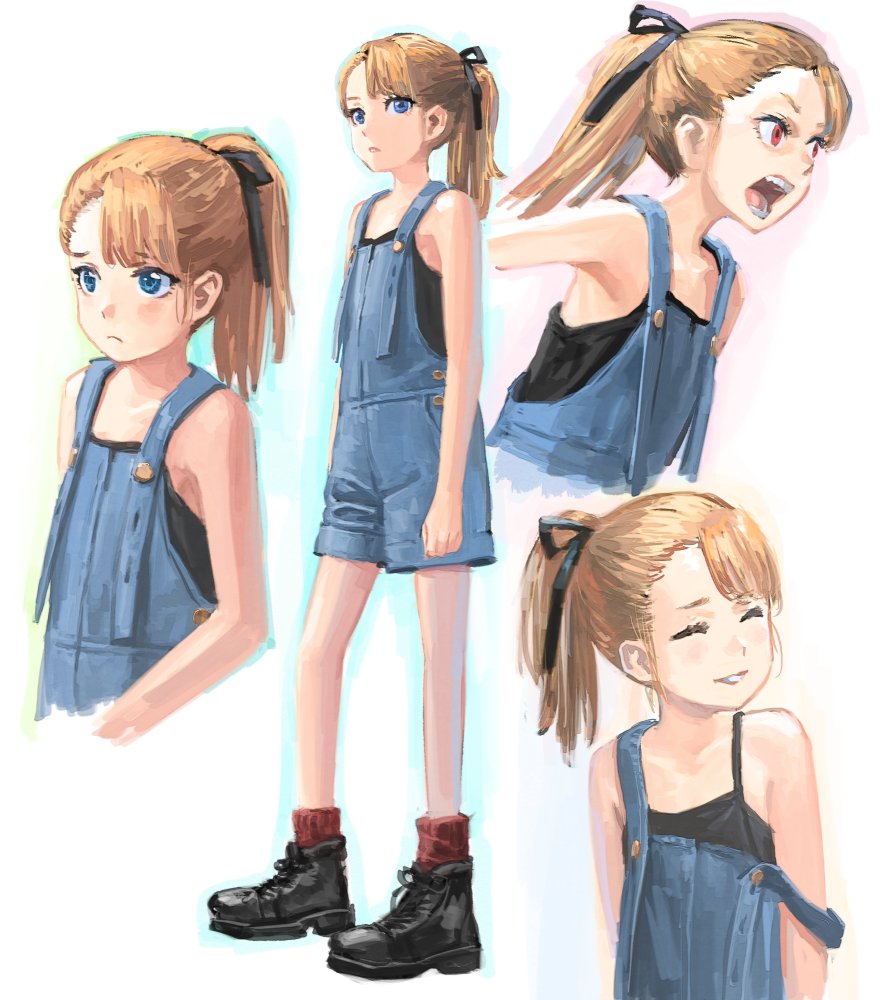 1girl, bare_legs, bare_shoulders, black_camisole, black_footwear, blue_eyes, blue_overalls, blush, boots, buttons, camisole, closed_eyes, flat_chest, full_body, light_brown_hair, nazo_no_anime-dan, open_mouth, original, overall_shorts, overalls, ponytail, pout, red_eyes, red_socks, sad_smile, shouting, smile, socks, spaghetti_strap, strap_slip, teeth, upper_body, variations
