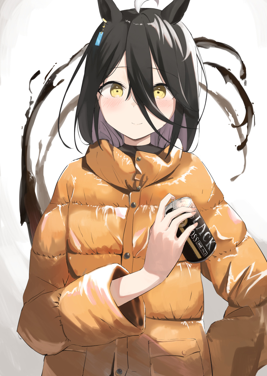 1girl, absurdres, ahoge, animal_ears, black_hair, blush, can, canned_coffee, closed_mouth, coffee, down_jacket, ear_ornament, hair_between_eyes, highres, holding, holding_can, horse_ears, horse_girl, jacket, long_hair, long_sleeves, looking_at_viewer, manhattan_cafe_(umamusume), multicolored_hair, orange_jacket, smile, solo, umamusume, upper_body, white_hair, ya.yu., yellow_eyes