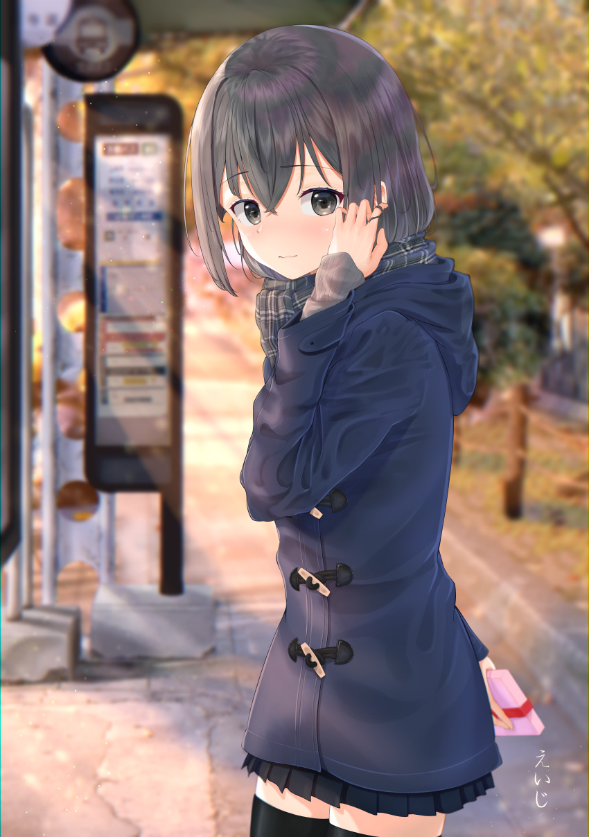 1girl, absurdres, black_skirt, blue_coat, blurry, blurry_background, brown_hair, bus_stop, coat, day, eiji2903, gift, hand_up, highres, hood, hood_down, looking_at_viewer, medium_hair, original, outdoors, plaid, plaid_scarf, scarf, skirt, standing, thigh-highs, valentine