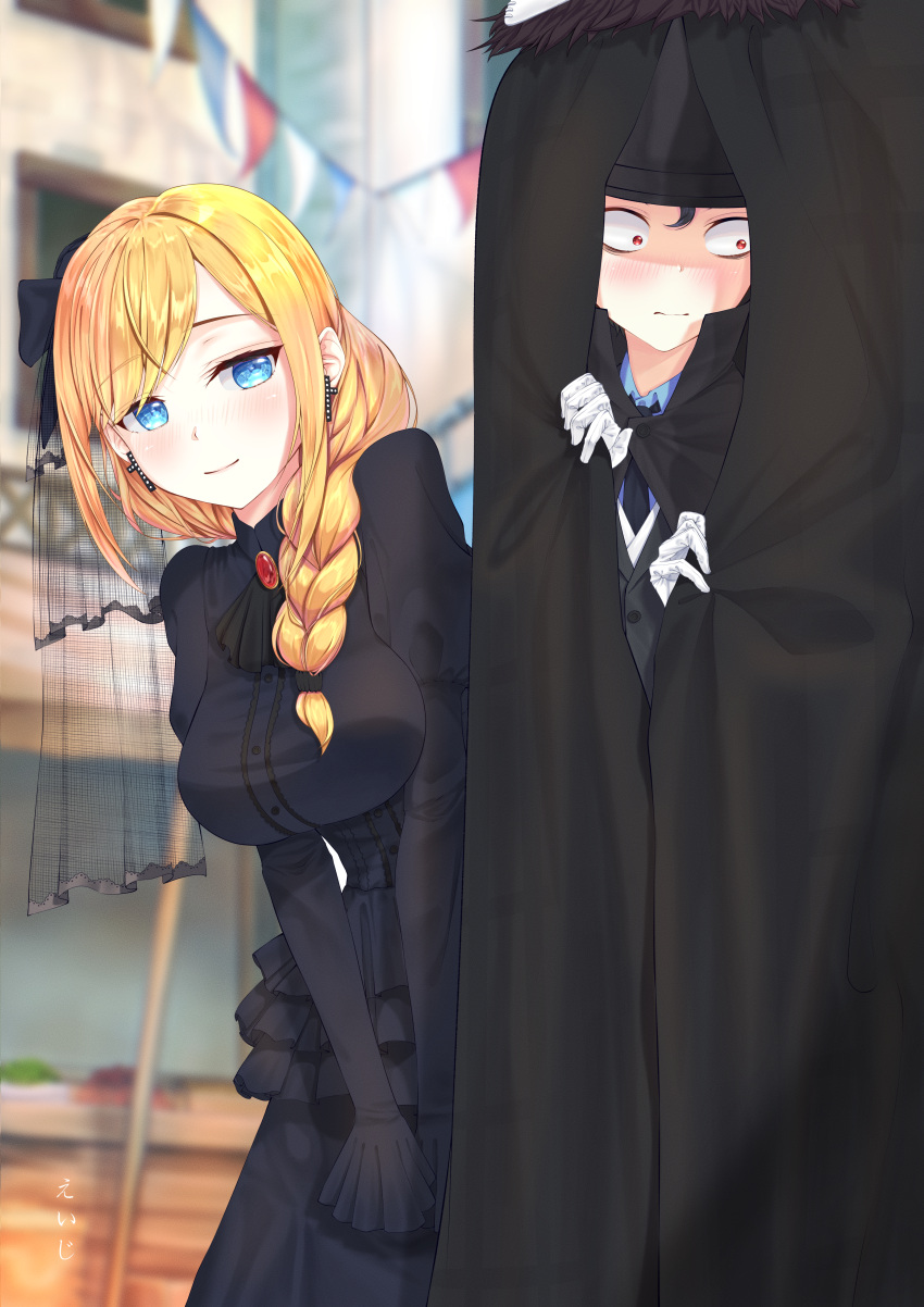 1boy, 1girl, absurdres, alice_lendrott, ascot, black_ascot, black_dress, black_headwear