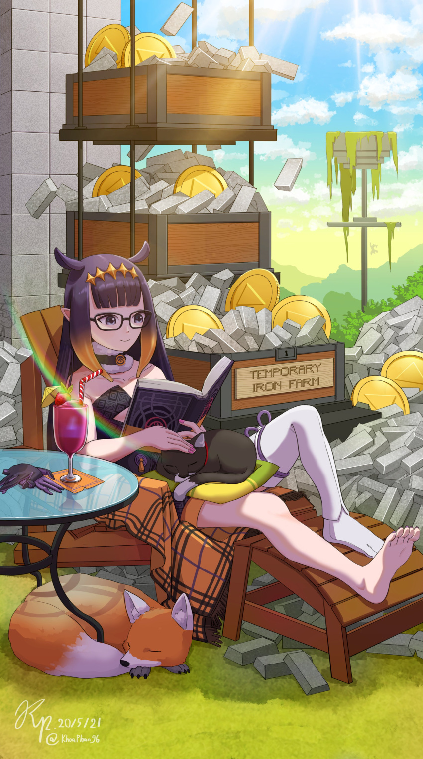 2girls, absurdres, ao-chan_(ninomae_ina'nis), bendy_straw, book, cat, chair, clouds, coin, commentary, dated, drinking_straw, english_commentary, fox, gawr_gura, glass_table, glasses, gloves, gloves_removed, gradient_hair, highres, hololive, hololive_english, khoaphan96, lens_flare, minecraft, multicolored_hair, multiple_girls, ninomae_ina'nis, no_shoes, orange_hair, pointy_ears, purple_hair, reading, signature, single_thighhigh, sitting, sky, solo_focus, steel_ingot, table, tentacle_hair, thigh-highs, twitter_username, violet_eyes, virtual_youtuber