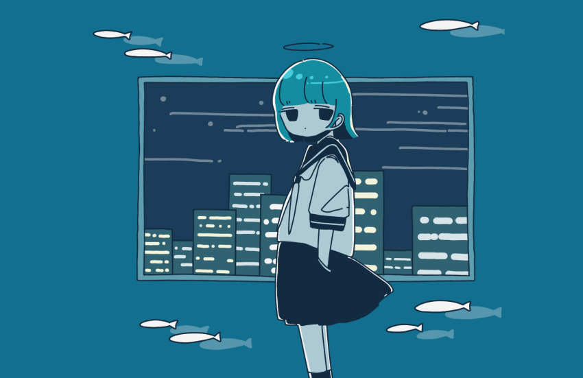 1girl, angel, aqua_background, bangs, black_socks, blue_hair, bob_cut, bored, building, city, clouds, commentary_request, dark, feet_out_of_frame, fish, glaring, halo, hands_in_pockets, jitome, light, looking_to_the_side, loose_clothes, medium_hair, night, night_sky, original, pleated_skirt, sailor_collar, school_uniform, serafuku, shirt, simple_background, skirt, sky, skyline, skyscraper, socks, solo, sskitaco, standing, white_shirt