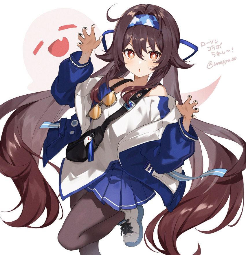 1girl, :o, bag, bangs, bare_shoulders, black_nails, blue_jacket, blue_skirt, boo_tao_(genshin_impact), brown_hair, brown_pantyhose, eyewear_on_clothing, flower-shaped_pupils, foot_out_of_frame, genshin_impact, ghost, ghost_pose, hair_between_eyes, hands_up, highres, hu_tao_(genshin_impact), jacket, leg_up, long_hair, long_sleeves, looking_at_viewer, off-shoulder_shirt, off_shoulder, official_alternate_costume, open_clothes, open_jacket, pantyhose, parted_lips, pleated_skirt, red_eyes, shirt, shoes, shoulder_bag, simple_background, skirt, sneakers, solo, symbol-shaped_pupils, thighs, tinted_eyewear, translation_request, twintails, twitter_username, unapoppo, v-shaped_eyebrows, very_long_hair, white_background, white_footwear