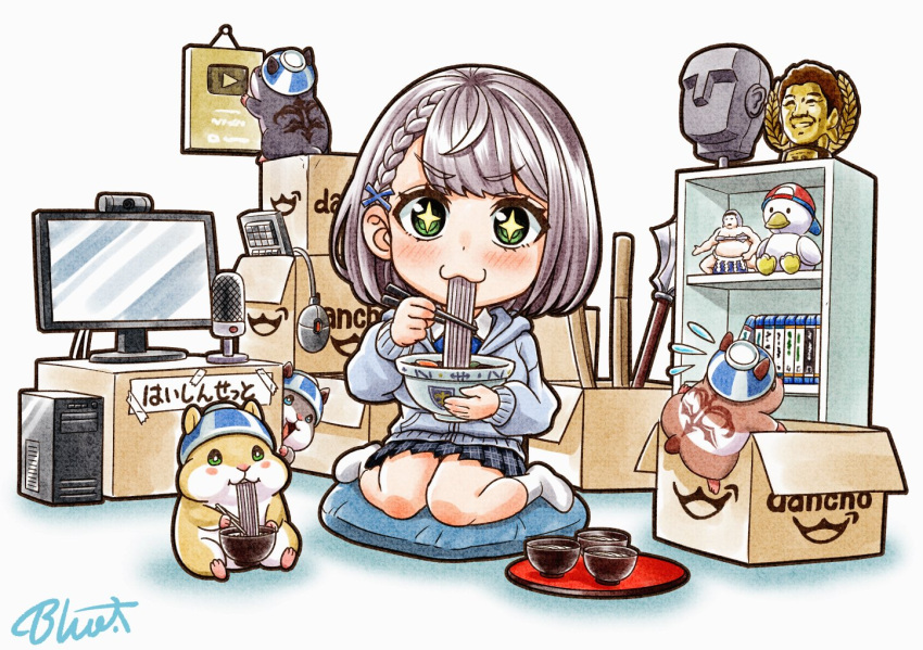 1girl, :3, bowl, box, brand_name_imitation, buru-dai, cardboard_box, computer, eating, food, green_eyes, grey_hair, hamster, hololive, hood, hoodie, keyboard_(computer), ki-100, mace, microphone, miniskirt, mouse_(computer), noodles, pillow, pleated_skirt, pop_(shirogane_noel), shelf, shirogane_noel, signature, sitting, skirt, solo, soup, subaru_duck, virtual_youtuber, wariza, weapon, webcam, yagoo, youtube, youtube_creator_award