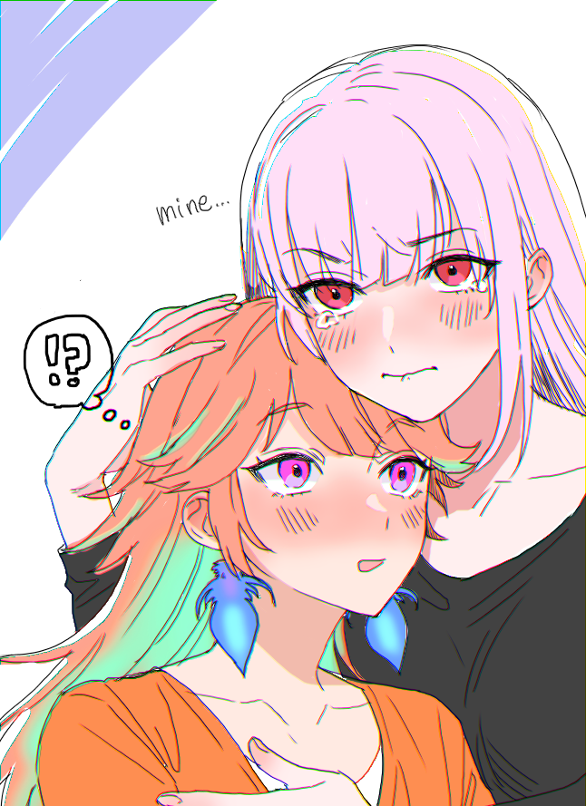 2girls, blush, earrings, feather_earrings, feathers, gradient_hair, hair_down, hand_on_another's_head, hands_on_another's_head, hololive, hololive_english, hug, jealous, jewelry, long_hair, long_sleeves, miyamoto_(dominocube6), mori_calliope, multicolored_hair, multiple_girls, orange_hair, pink_hair, pout, takanashi_kiara, tearing_up, virtual_youtuber, yuri
