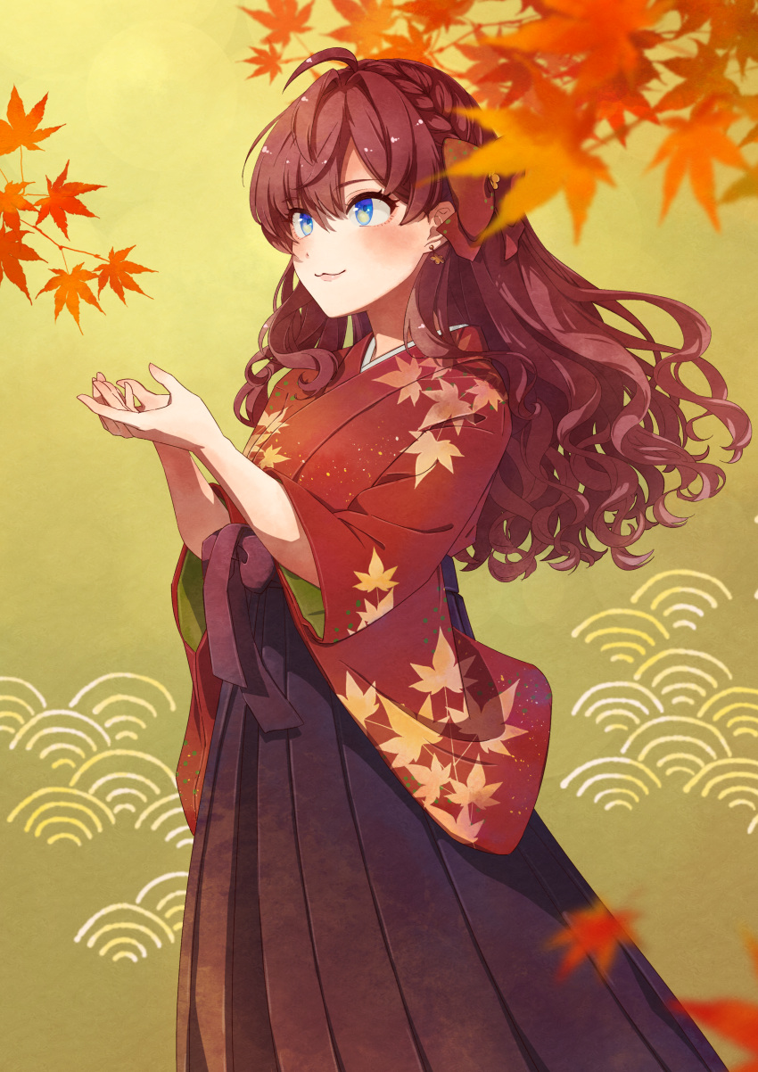 1girl, :3, absurdres, ahoge, autumn_leaves, bangs, black_hakama, blue_eyes