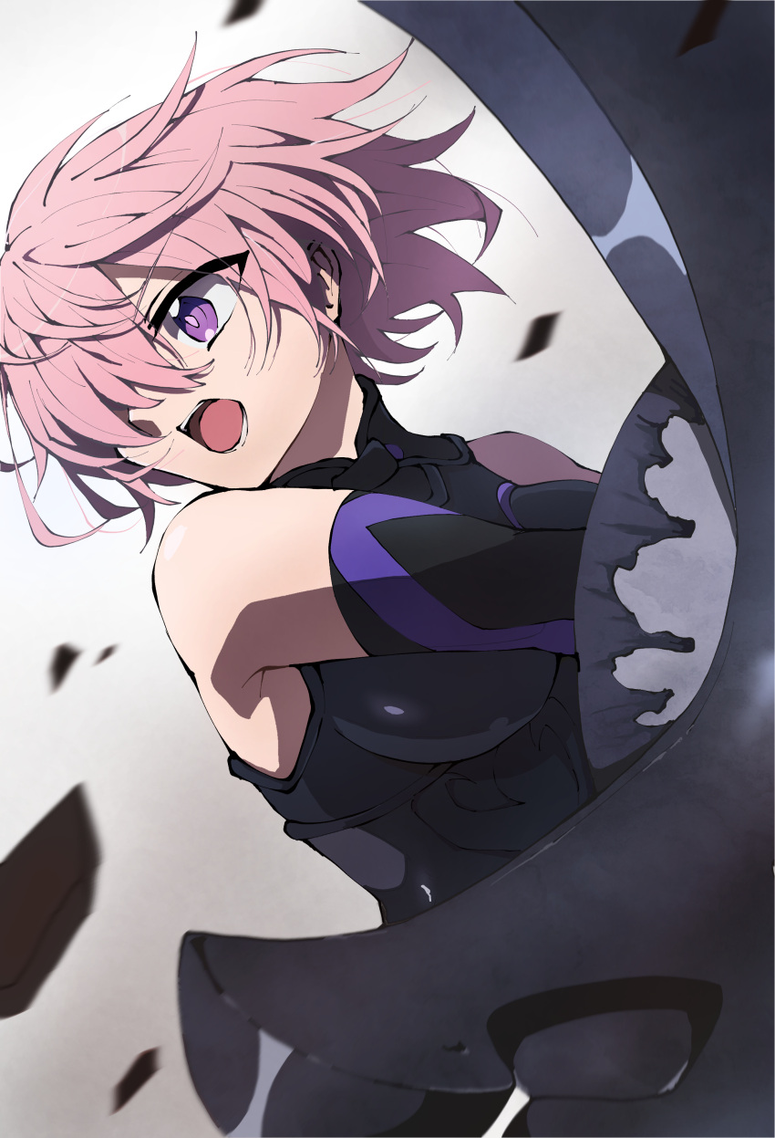 1girl, :d, absurdres, black_leotard, black_sleeves, detached_sleeves, fate/grand_order, fate_(series)