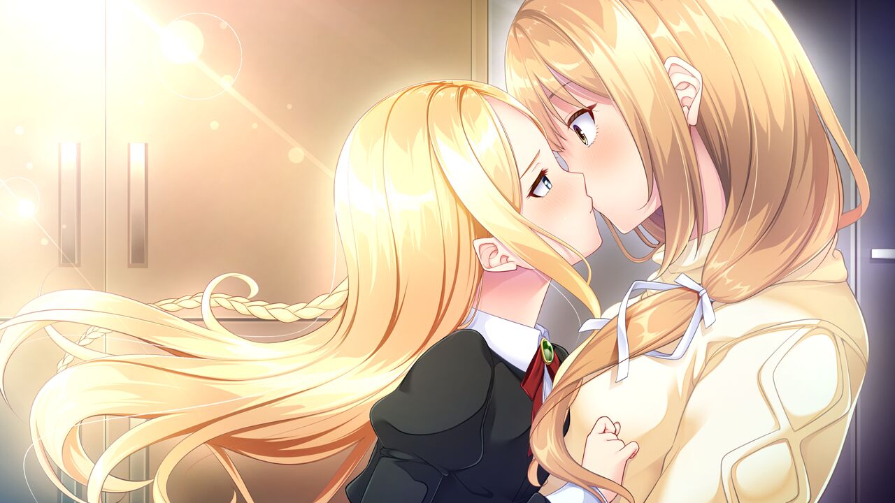 1boy, 1girl, agnes_avril, androgynous, black_jacket, blonde_hair, blue_eyes, braid, collared_shirt, eye_contact, floating_hair, from_side, fumimori_nao, game_cg, gem, go-1, green_gemstone, hair_over_shoulder, hair_ribbon, indoors, jacket, kiss, lens_flare, long_hair, looking_at_another, neck_ribbon, otoko_no_ko, otome_to_fureau_hitotsu_yane_no_shita, red_ribbon, ribbon, shiny, shiny_hair, shirt, single_braid, sunlight, sweater, upper_body, very_long_hair, white_ribbon, white_shirt, wing_collar, yellow_eyes, yellow_sweater