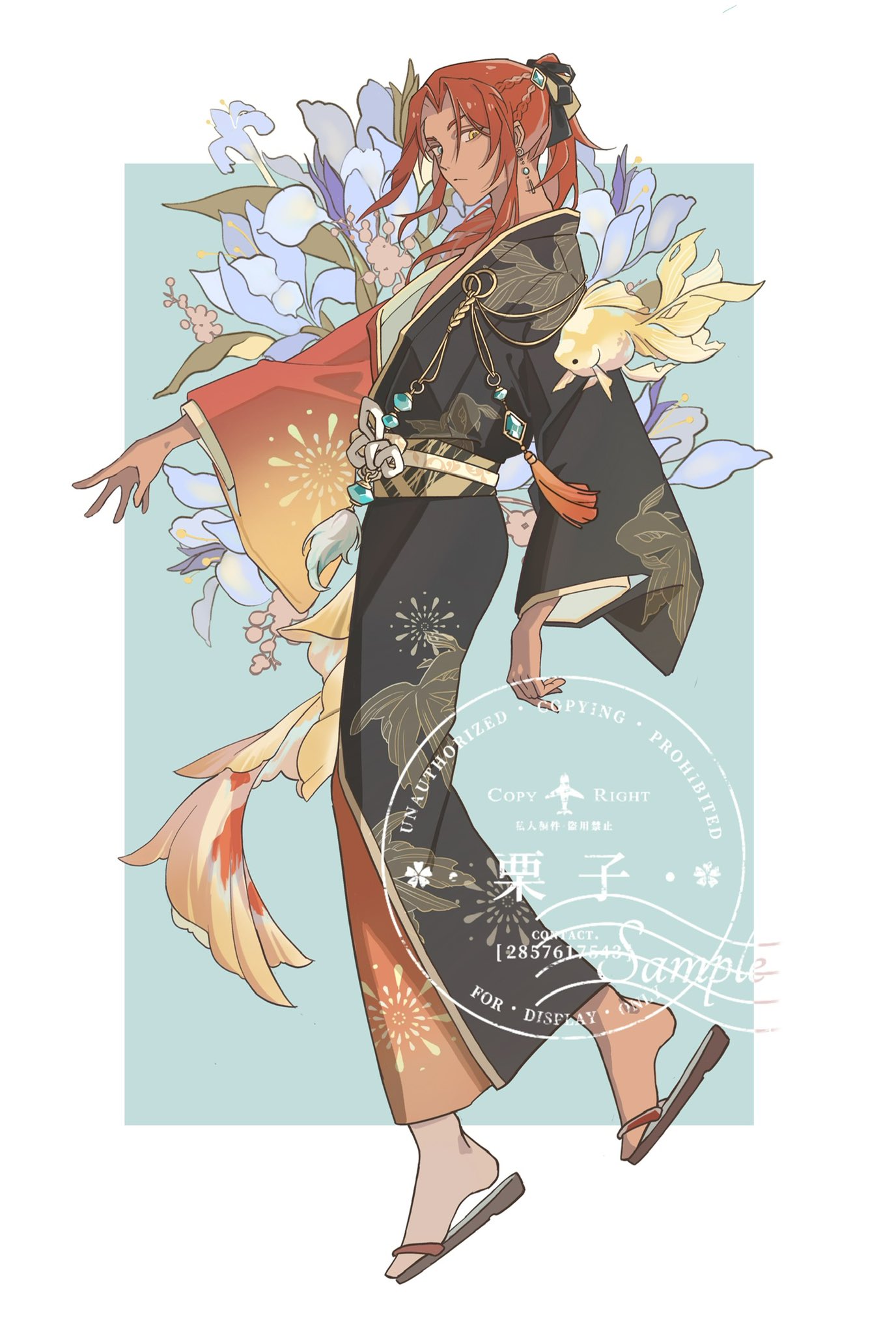 1boy, aqua_eyes, blue_eyes, braid, brown_eyes, dante_(nu_carnival), dark-skinned_male, dark_skin, earrings, full_body, heterochromia, highres, japanese_clothes, jewelry, kimono, koi, kurisanyo, long_hair, long_sleeves, looking_at_viewer, male_focus, nu_carnival, redhead, solo