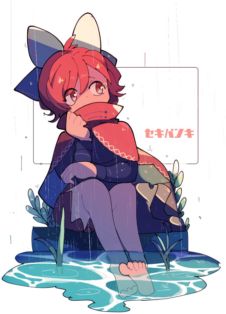 1girl, blue_bow, bow, cape, covered_mouth, hair_bow, long_sleeves, plant
