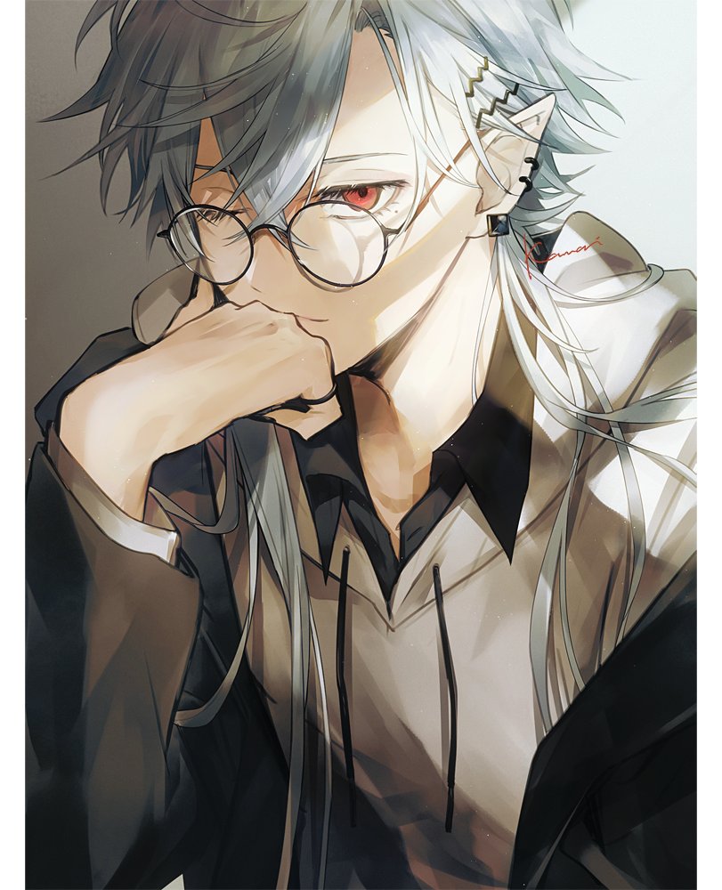 1boy, artist_name, bangs, black-framed_eyewear, black_jacket, black_nails, black_shirt, closed_mouth, collared_shirt, commentary, crossed_bangs, drawstring_bag, ear_piercing, earrings, eyelashes, fingernails, glasses, grey_hair, grey_hoodie, hair_between_eyes, hair_ornament, hairclip, hand_up, hood, hoodie, jacket, jewelry, kamari_(kama_ri), kuzuha_(nijisanji), long_fingernails, long_hair, looking_at_viewer, male_focus, mole, mole_under_eye, nail_polish, nijisanji, one_eye_closed, open_clothes, open_jacket, parted_bangs, piercing, pillarboxed, pointy_ears, red_eyes, round_eyewear, sharp_fingernails, shirt, sidelocks, signature, solo, upper_body, virtual_youtuber