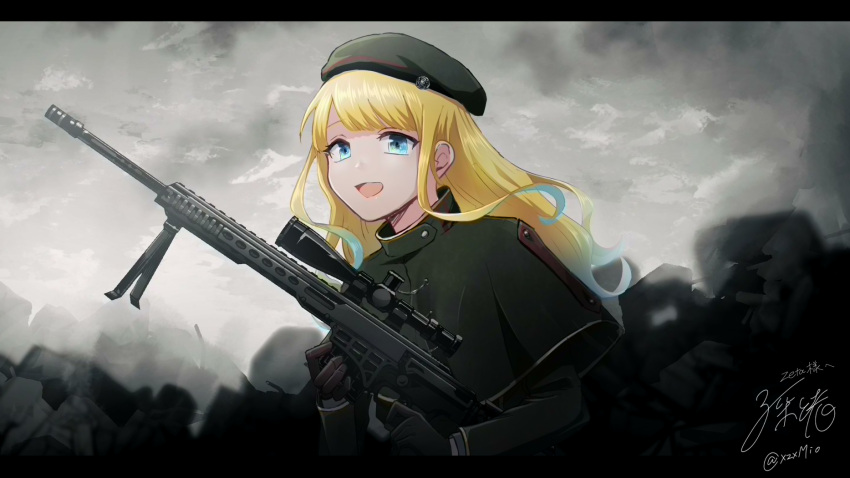 1girl, barrett_mrad, black_headwear, blonde_hair, blue_eyes, cape, commission, gradient_hair