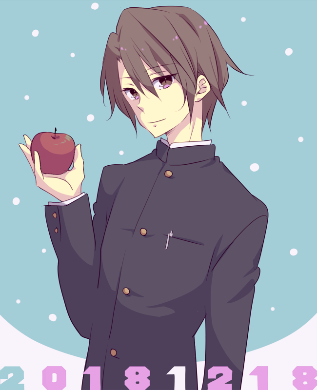 1boy, 2018, apple, bangs, black_jacket, brown_eyes, brown_hair, closed_mouth