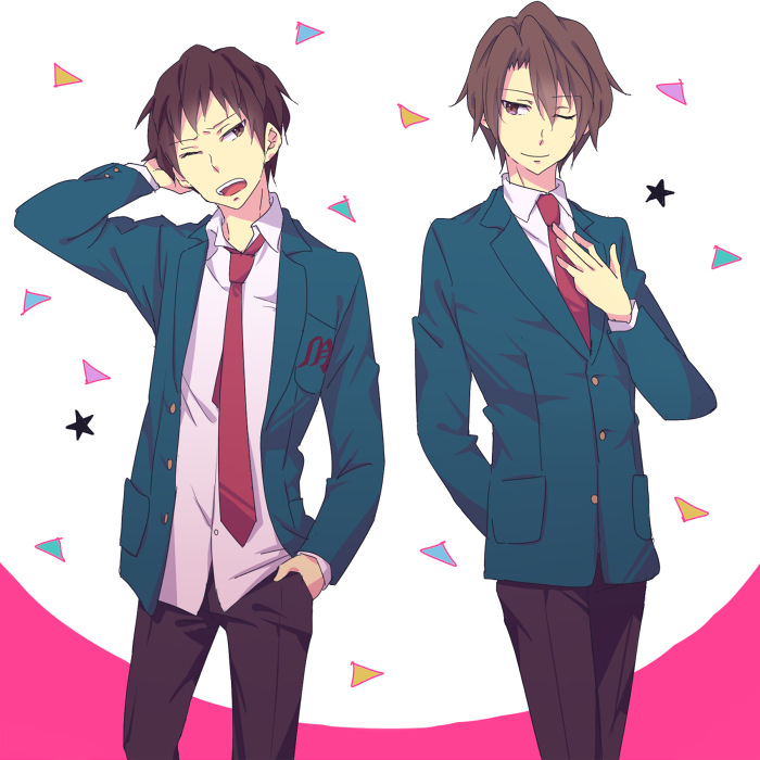 2boys, arm_behind_back, bangs, blazer, brown_eyes, brown_hair, closed_mouth, cocchi