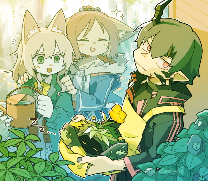 1boy, 2girls, :d, ^_^, animal_ear_fluff, animal_ears, arknights, bangs, black_hair, black_jacket, black_skirt, blush, bow, brown_hair, closed_eyes, closed_mouth, collared_shirt, colored_skin, commentary_request, crab, day, flamebringer_(arknights), flower, flower_on_head, frilled_skirt, frills, green_jacket, grey_skin, hair_between_eyes, highres, holding, horns, jacket, konno_akikaze, multiple_girls, open_clothes, open_jacket, outdoors, perfumer_(arknights), perfumer_(species_plantarum)_(arknights), plant, podenco_(arknights), pointy_ears, red_eyes, shirt, shoulder_grab, single_horn, skirt, sleeping, smile, sparkle, sweat, twitter_username, watering_can, white_shirt, yellow_bow, yellow_flower, zzz