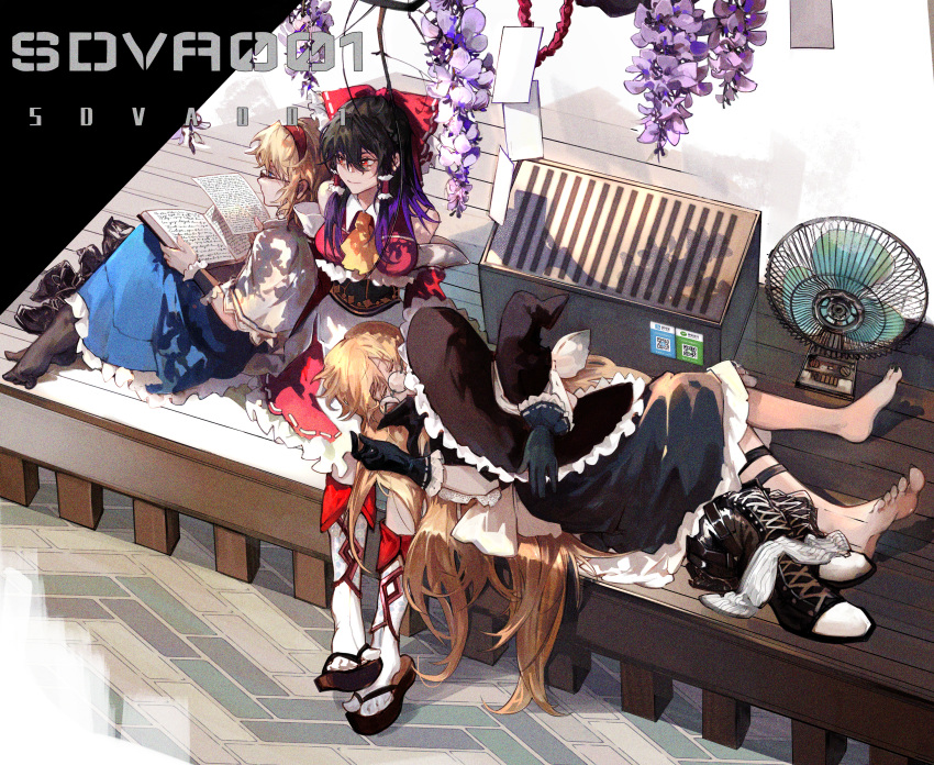 3girls, absurdres, alice_margatroid, ascot, bare_shoulders, barefoot, bespectacled, black_footwear, black_gloves, black_hair, black_headwear, black_shirt, black_skirt, black_socks, blonde_hair, blue_dress, blue_eyes, book, boots, boots_removed, bow, box, capelet, chinese_commentary, closed_eyes, closed_mouth, commentary, cross-laced_footwear, detached_sleeves, donation_box, dress, electric_fan, flower, frilled_bow, frilled_hair_tubes, frilled_skirt, frills, geta, glasses, gloves, gradient_hair, hair_between_eyes, hair_bow, hair_tubes, hairband, hakurei_reimu, hat, hat_removed, headwear_removed, highres, holding, holding_book, holding_paper, kirisame_marisa, kneehighs, lap_pillow, leaning_on_person, long_hair, lying, making-of_available, medium_hair, multicolored_hair, multiple_girls, object_hug, on_back, open_book, paper, purple_flower, purple_hair, qr_code, red_bow, red_eyes, red_hairband, red_skirt, red_sleeves, red_vest, ribbon-trimmed_skirt, ribbon_trim, round_eyewear, shirt, skirt, skirt_set, sleeping, smile, socks, socks_removed, touhou, very_long_hair, vest, white_capelet, white_socks, wisteria, witch_hat, wrist_cuffs, xiuchundao, yellow_ascot