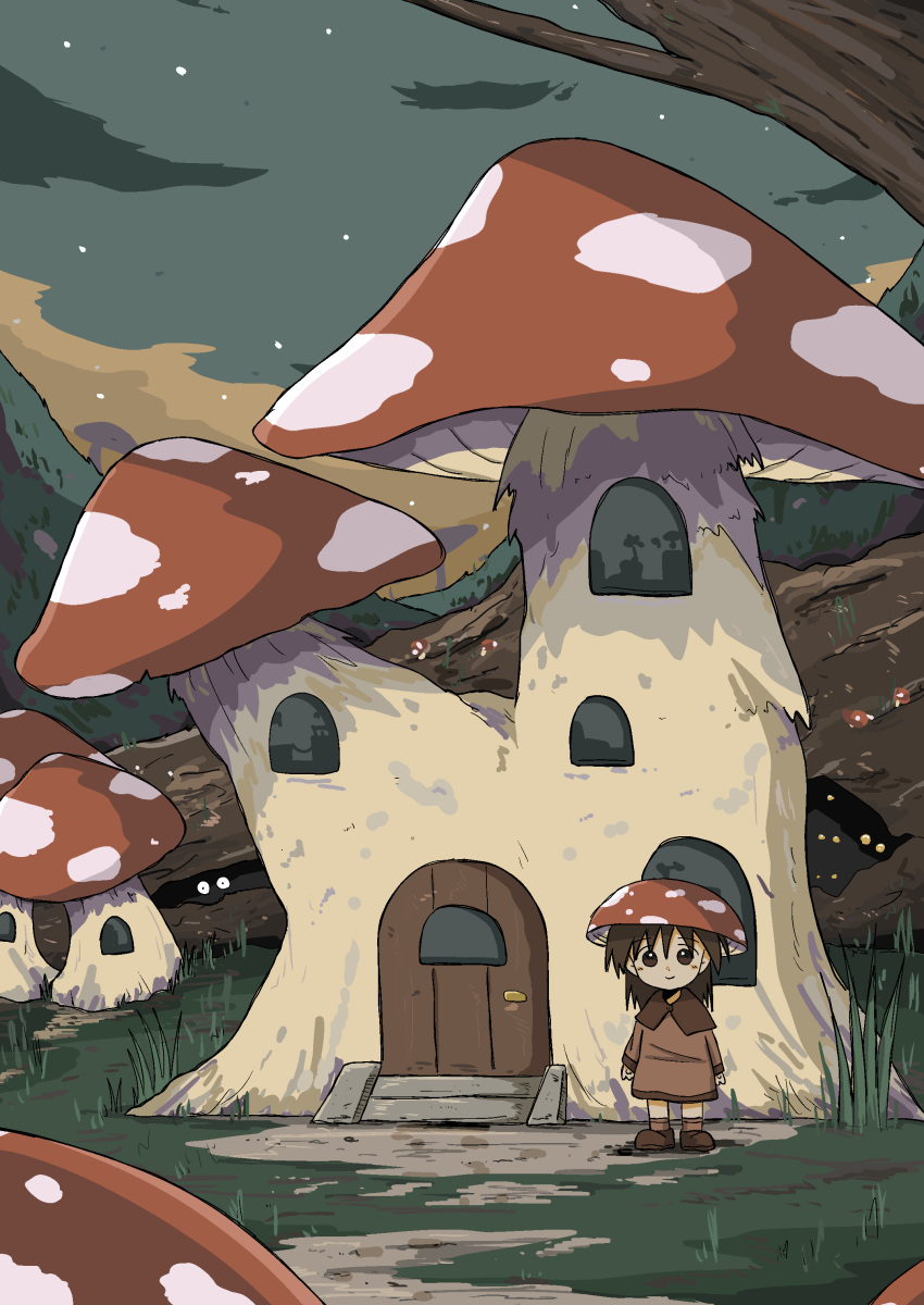 1girl, absurdres, brown_hair, grass, highres, house, kishimen_udn, long_hair, minigirl, mushroom, mushroom_girl, original, outdoors, smile