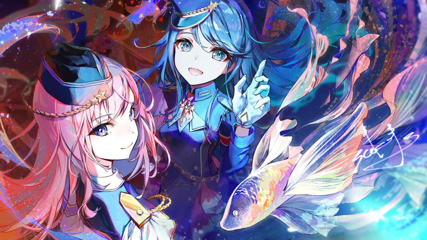 2girls, aiguillette, armband, blue_eyes, blue_hair, blue_jacket, buttons, closed_mouth