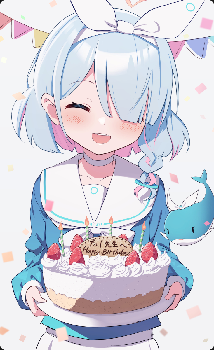 1girl, :d, arona_(blue_archive), birthday_cake, blue_archive, blue_hair, blue_shirt, blush