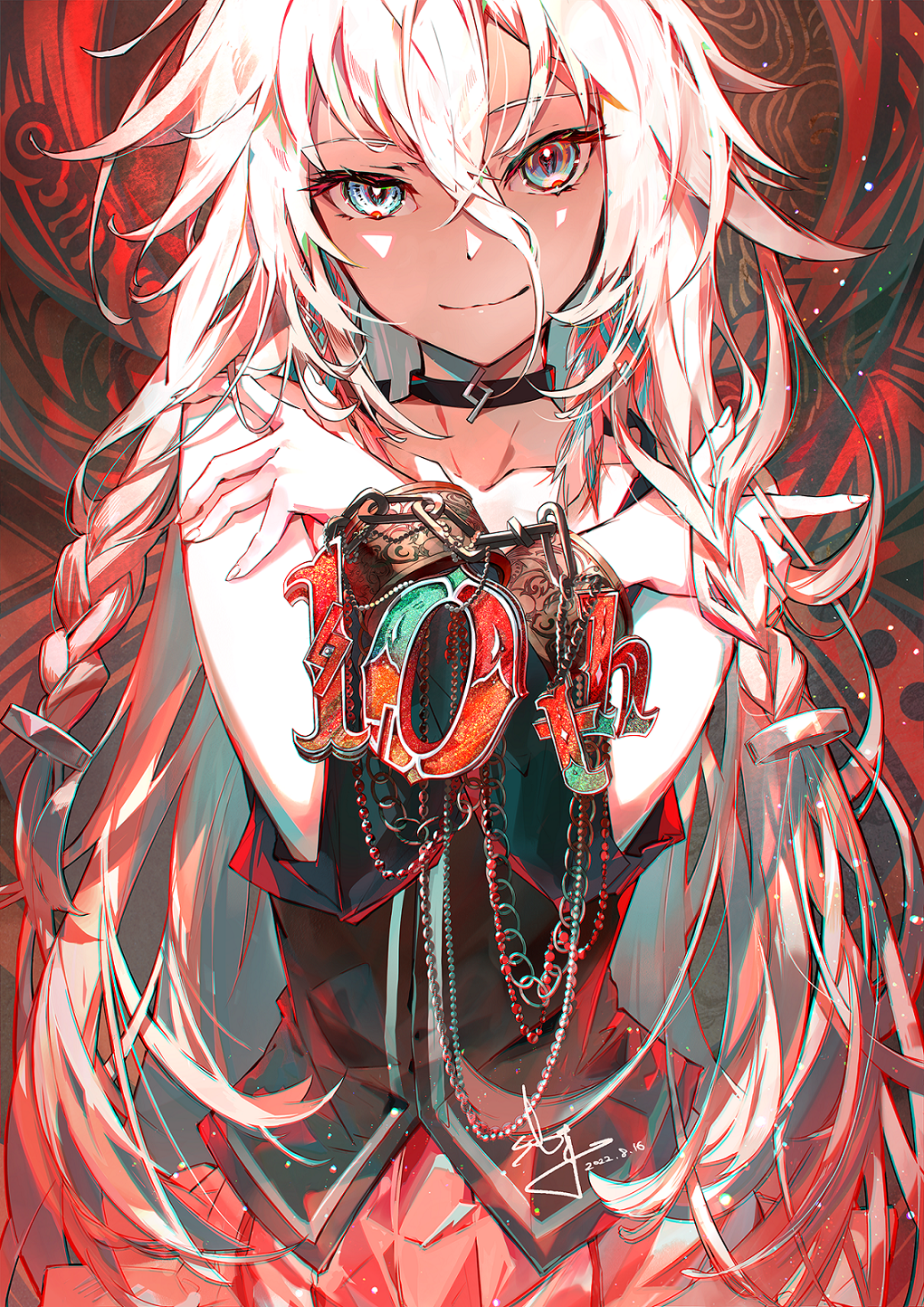 1girl, abstract_background, anniversary, black_choker, black_shirt, braid, chain, choker