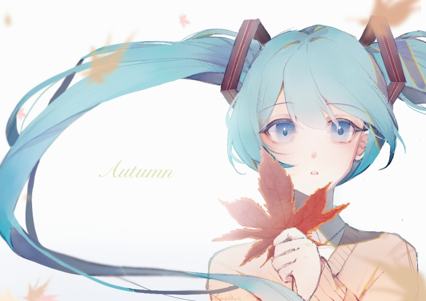 1girl, autumn_leaves, blue_eyes, blue_hair, blush, commentary, ea08zheci, falling_leaves