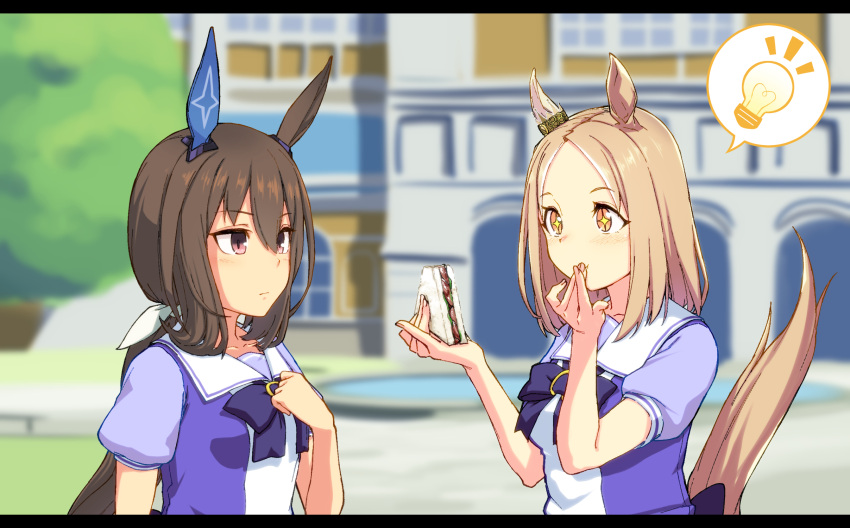 +_+, 2girls, admire_vega_(umamusume), animal_ears, bangs, blonde_hair, blurry, blurry_background