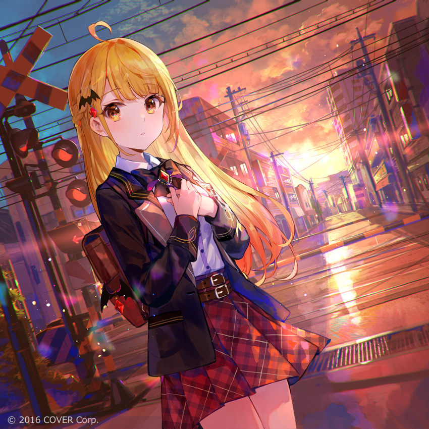 1girl, ahoge, backlighting, backpack, bag, belt, black_jacket, blazer, blonde_hair, boom_barrier, bow, bowtie, braid, brooch, building, cityscape, clouds, fuzichoco, hair_ornament, hands_on_own_chest, highres, hololive, jacket, jewelry, long_hair, long_sleeves, looking_at_viewer, multiple_belts, official_art, open_clothes, open_jacket, orange_eyes, outdoors, parted_lips, plaid, plaid_skirt, pleated_skirt, railroad_crossing, red_skirt, scenery, school_uniform, shirt, skirt, solo, standing, sunlight, sunset, virtual_youtuber, watermark, white_shirt, yozora_mel