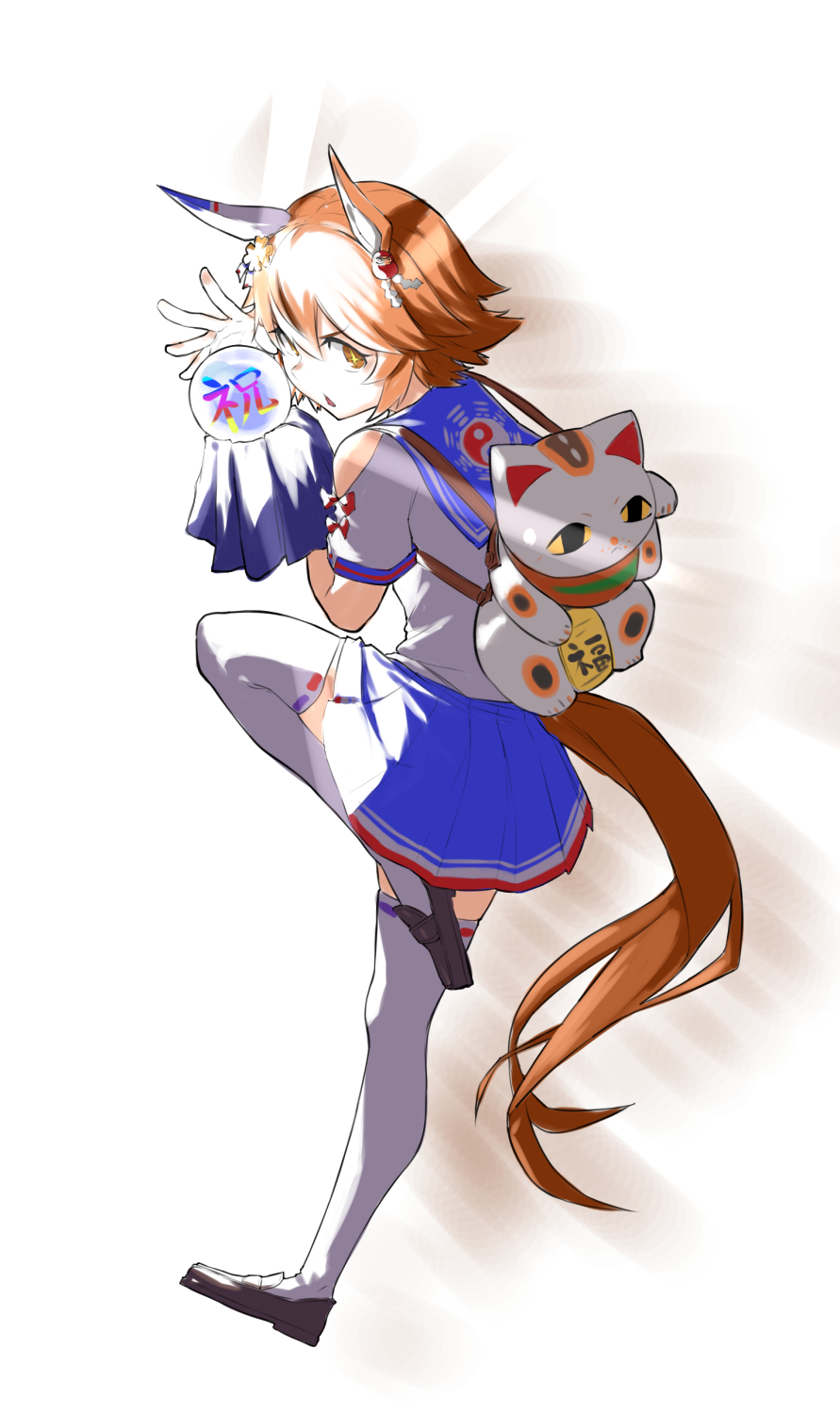 +_+, 1girl, animal_ears, backpack, bag, bangs, blue_skirt, brown_footwear