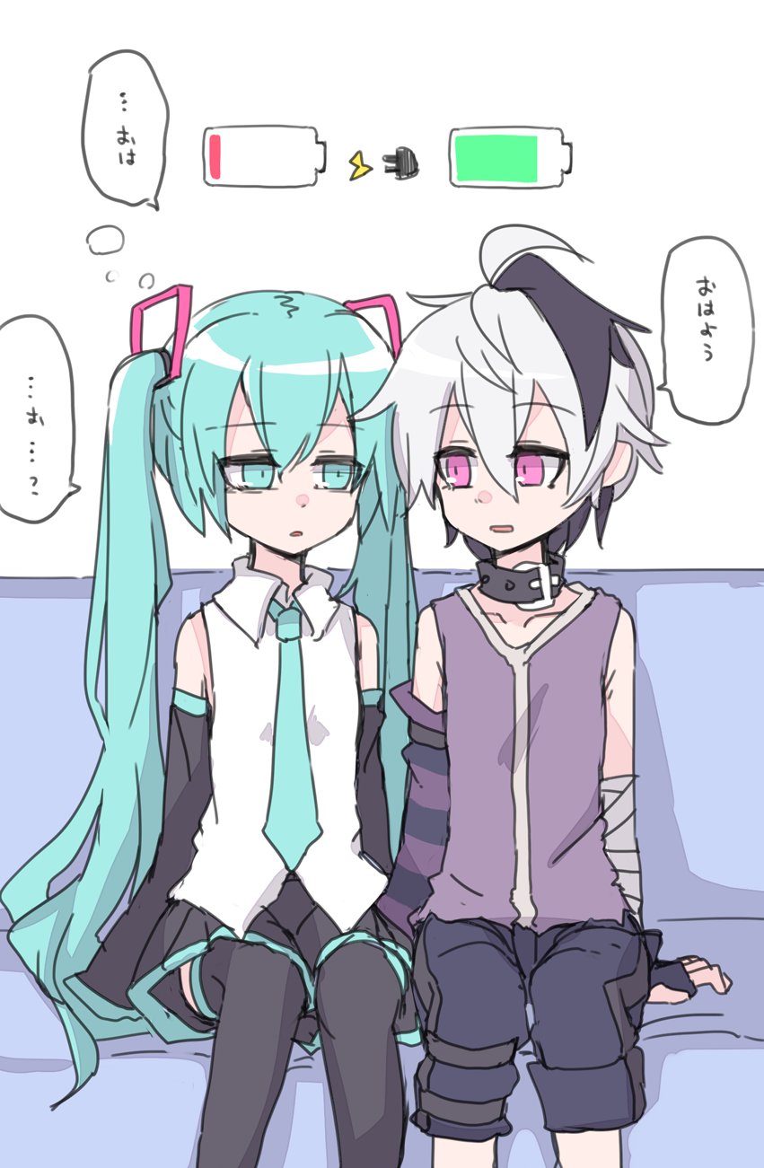 2girls, aqua_eyes, aqua_hair, aqua_necktie, arm_warmers, bandaged_arm, bandages, bare_shoulders