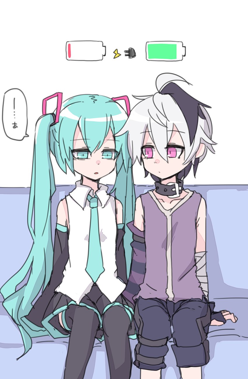 2girls, android, aqua_eyes, aqua_hair, aqua_necktie, arm_warmers, bandaged_arm, bandages