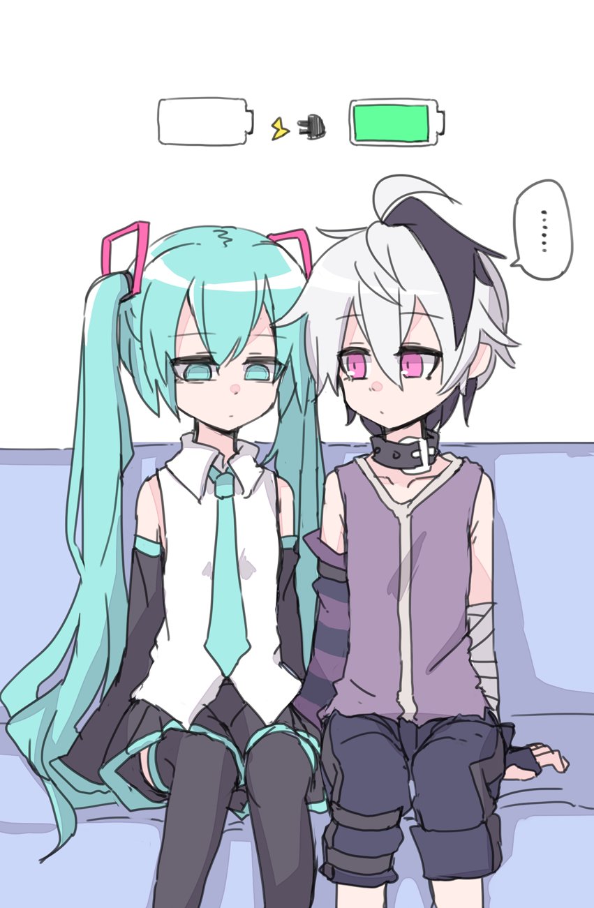 ..., 2girls, android, aqua_eyes, aqua_hair, aqua_necktie, arm_warmers, bandaged_arm, bandages, bare_shoulders, battery_indicator, belt_collar, black_skirt, black_sleeves, black_thighhighs, collar, commentary, couch, detached_sleeves, dot_mouth, empty_eyes, feet_out_of_frame, fingerless_gloves, flower_(vocaloid), flower_(vocaloid4), gloves, hair_ornament, hatsune_miku, hatsune_miku_(vocaloid4), highres, lightning_bolt_symbol, long_hair, looking_at_another, looking_down, miniskirt, miri_(miri_1m), multicolored_hair, multiple_girls, necktie, pleated_skirt, purple_gloves, purple_hair, purple_shirt, purple_shorts, shirt, short_hair, shorts, single_arm_warmer, sitting, skirt, sleeveless, sleeveless_shirt, spoken_ellipsis, streaked_hair, striped_arm_warmers, thigh-highs, twintails, v4x, very_long_hair, vocaloid, white_hair, white_shirt, zettai_ryouiki