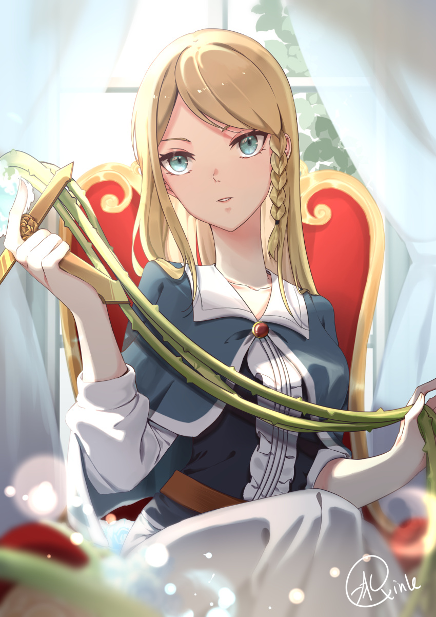 1girl, absurdres, aisuqinle, bangs, black_clover, blonde_hair, blue_capelet, blue_eyes