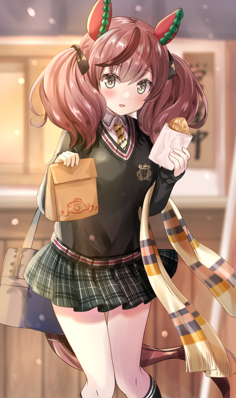 1girl, animal_ears, bag, black_bow, black_skirt, black_socks, black_sweater, blurry