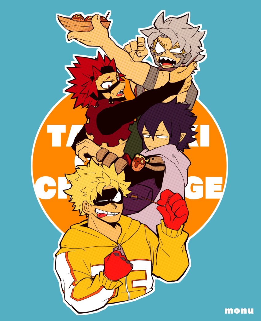 4boys, amajiki_tamaki, arm_up, black_hair, black_mask, black_sleeves, blue_background, boku_no_hero_academia